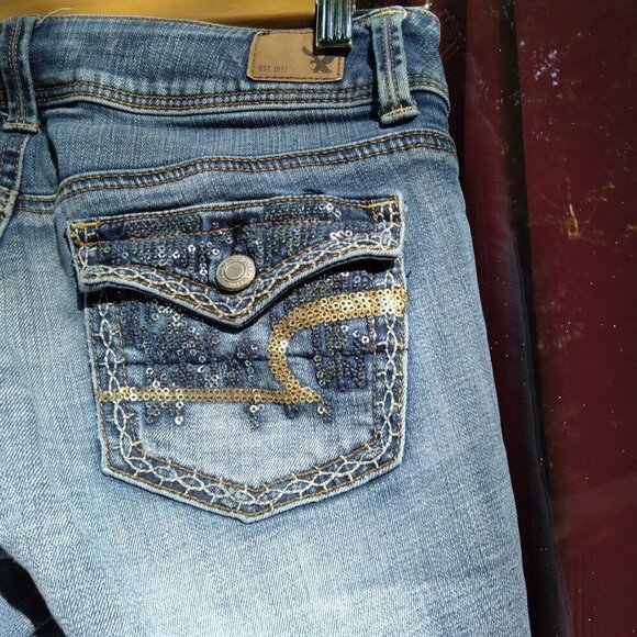 AEO Super Stretch Kickboot Jeans Back Buttoned Flap Sequined Pockets  Sz 00 - Picture 7 of 10